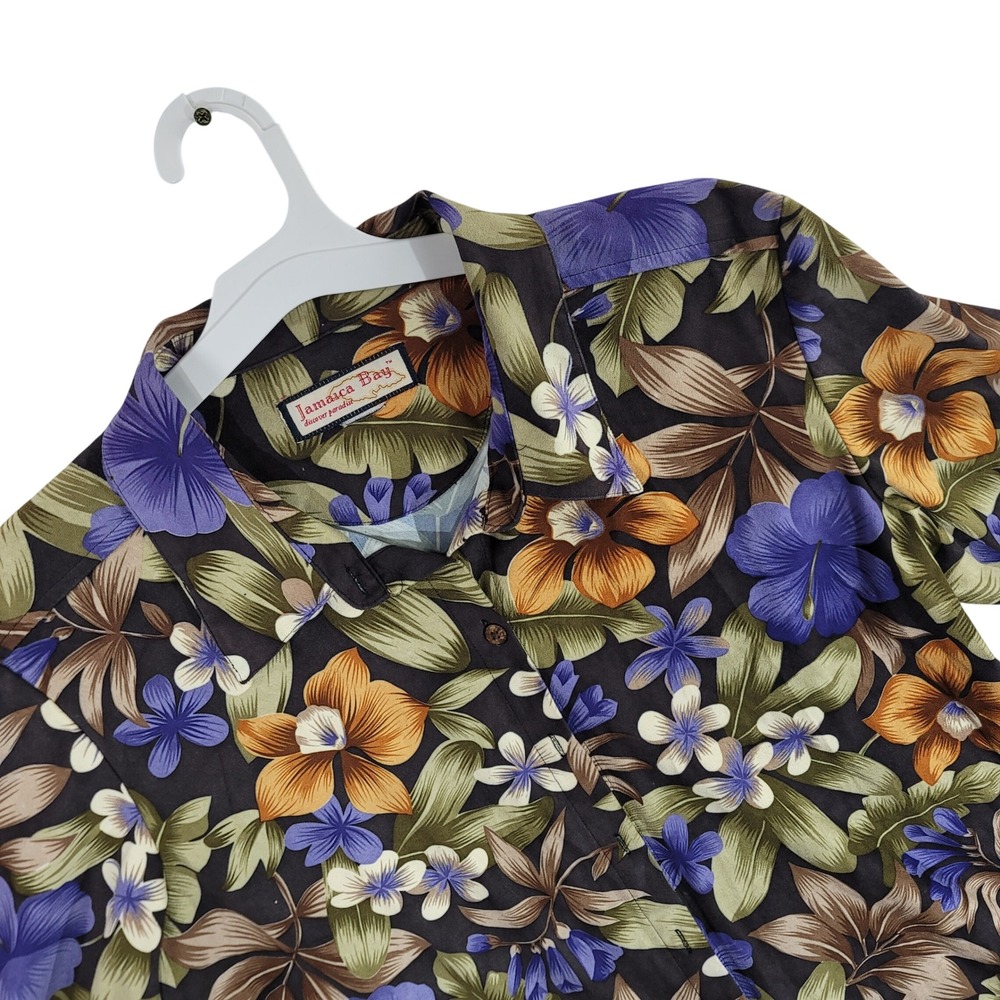 Jamaica Bay Womens Tropical Floral Button Up Shirt Brown Purple Long Sleeve L
